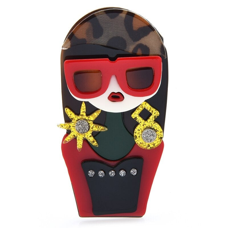 Accessories - Brooch : Posh Long Straight Hair with a pair of Red frame bold earring Girl Brooch / Batch